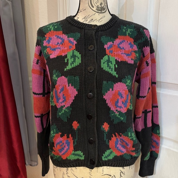Vintage Gallagher Rose/Floral Color Block Button Down Cardigan Sweater - Picture 2 of 5